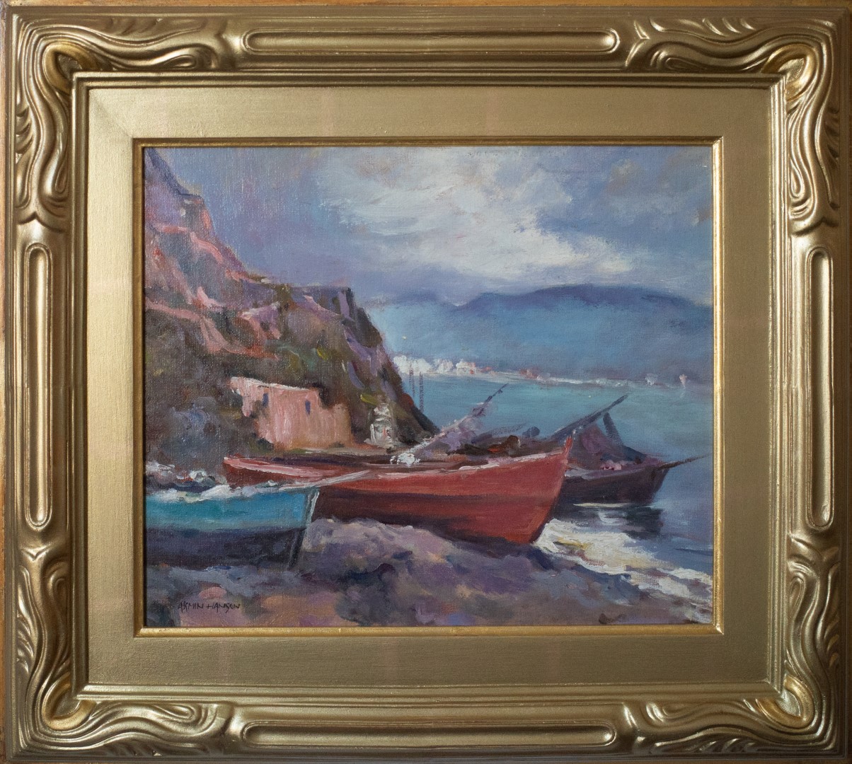 Armin Hansen Painting of colorful boats next to the sea. Title: Coastal Waters