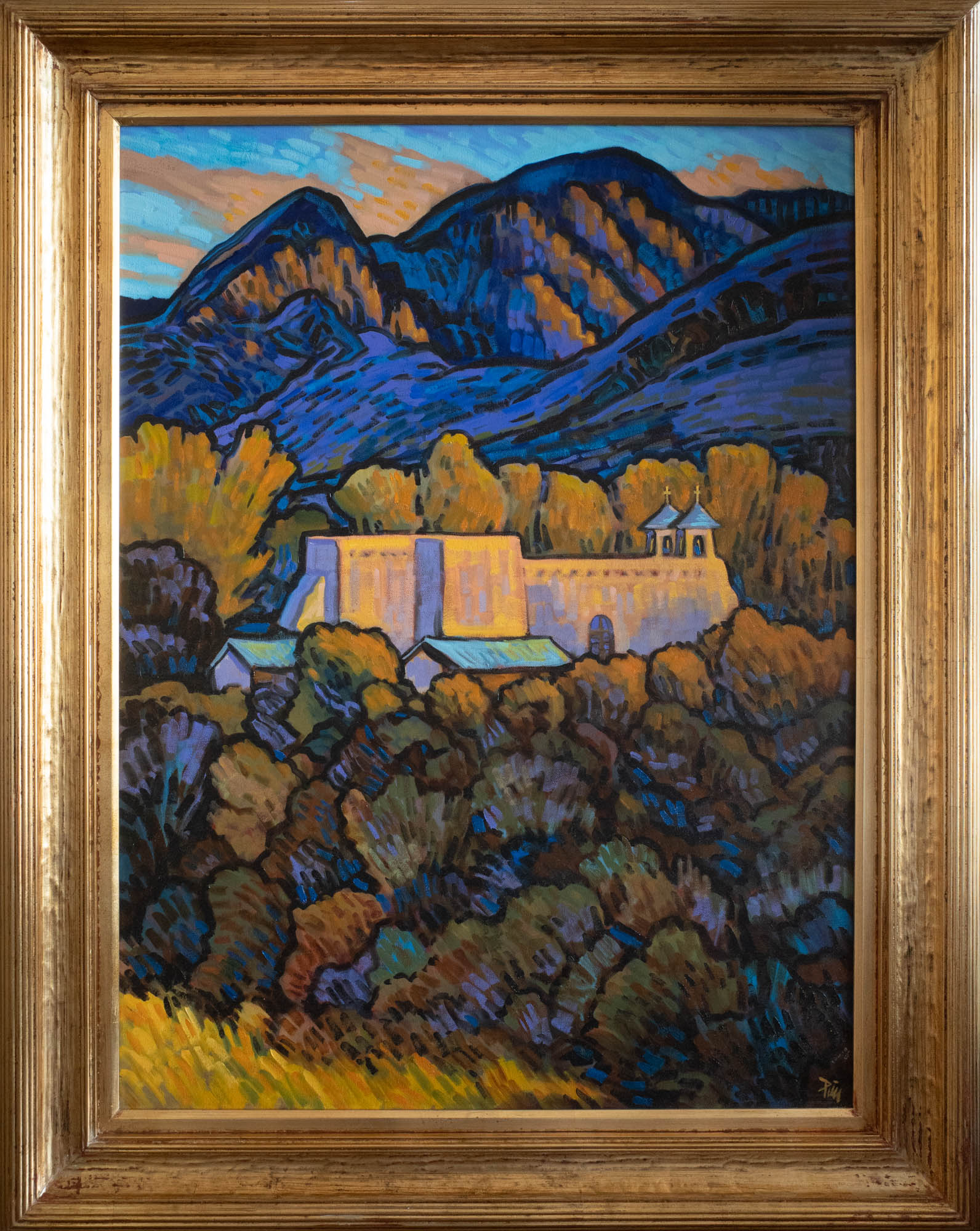 Brad Price Oil Painting of a church in front of a mountain background. Title: Rancho de Taos Vista