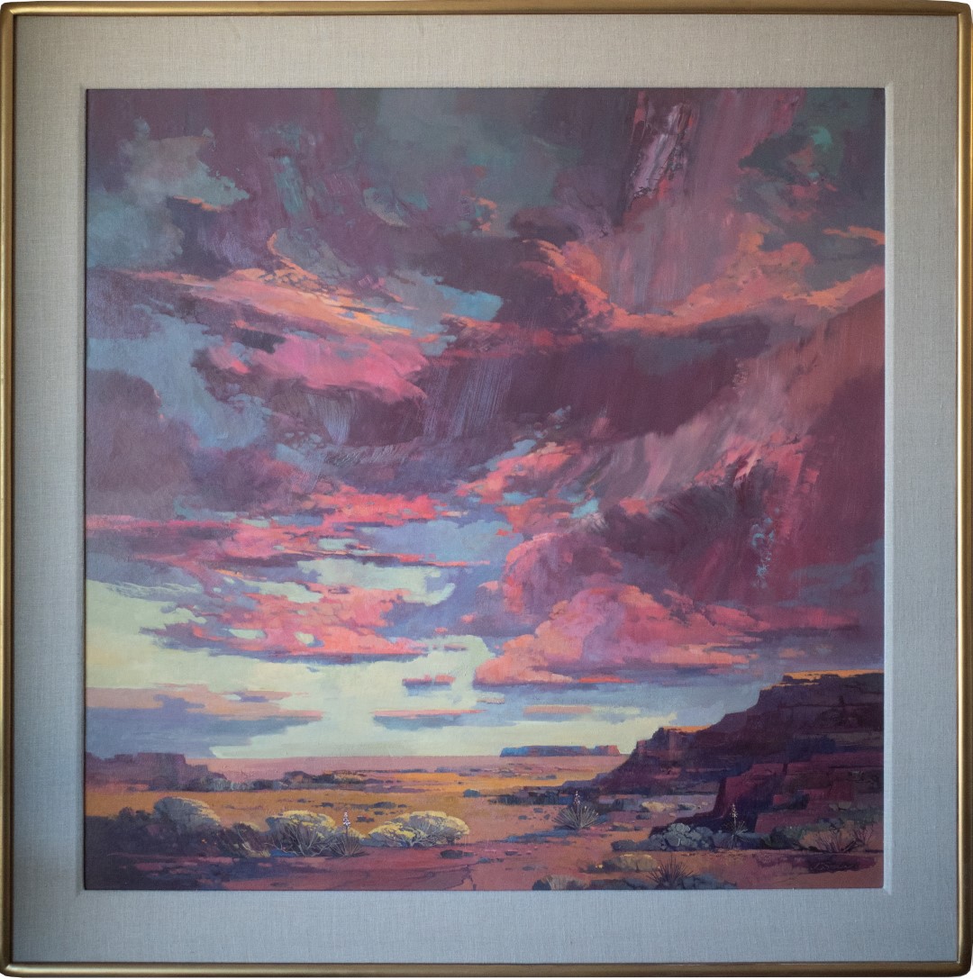 Laurence Sisson oil painting of a red desert landscape with pink clouds above. Title: Desert Kaleidoscope